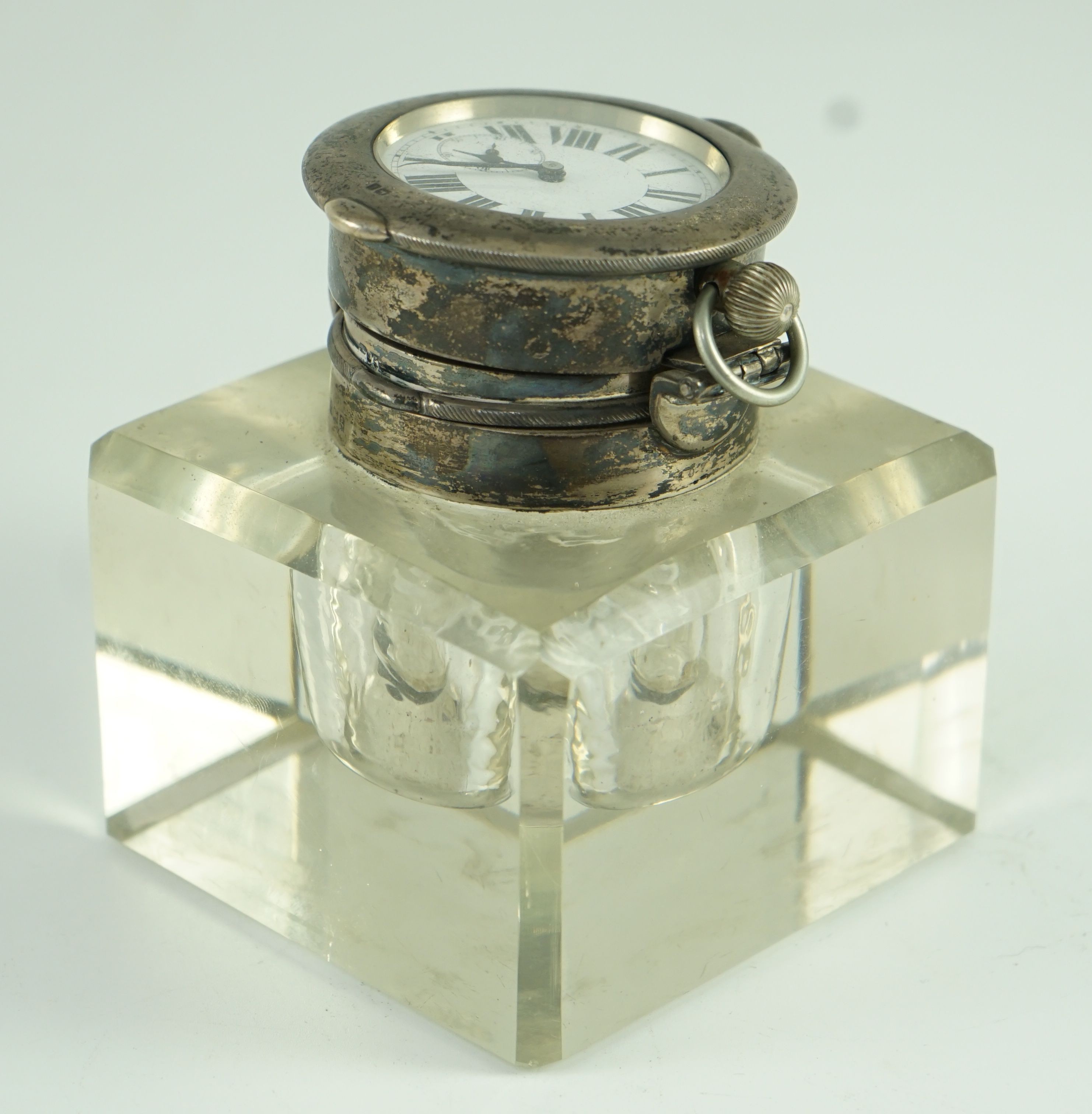 An Edwardian silver mounted glass combination pocket watch holder/inkwell, by John Charles Grinsell